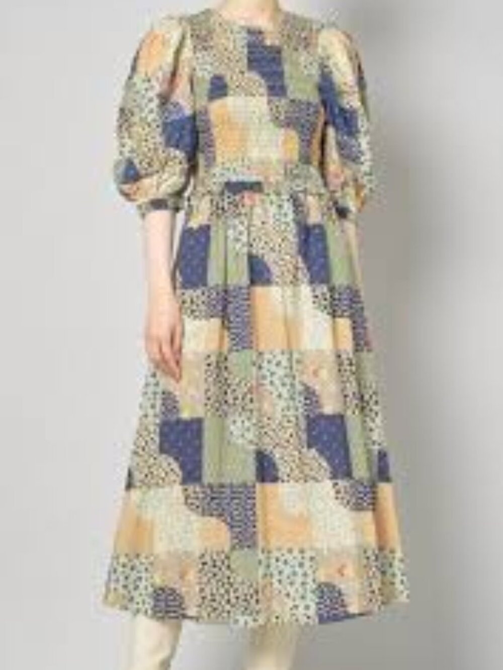 SEA New York Louie Midi Dress Puff sleeve Smocked Fall Patchwork Cottagecore M - Picture 12 of 16